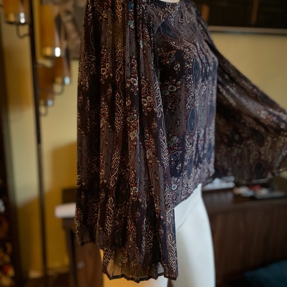 Ladies BoHo bat wing floral blouse hippie chic pleated belt sleeves freebird - Picture 5 of 8